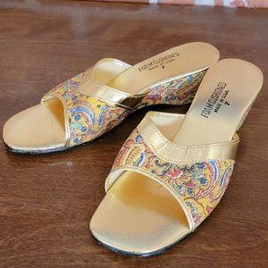 Fabulous Vintage 1970s Grandmacore Metallic Gold Lounge Slippers Wedge Slip Ons